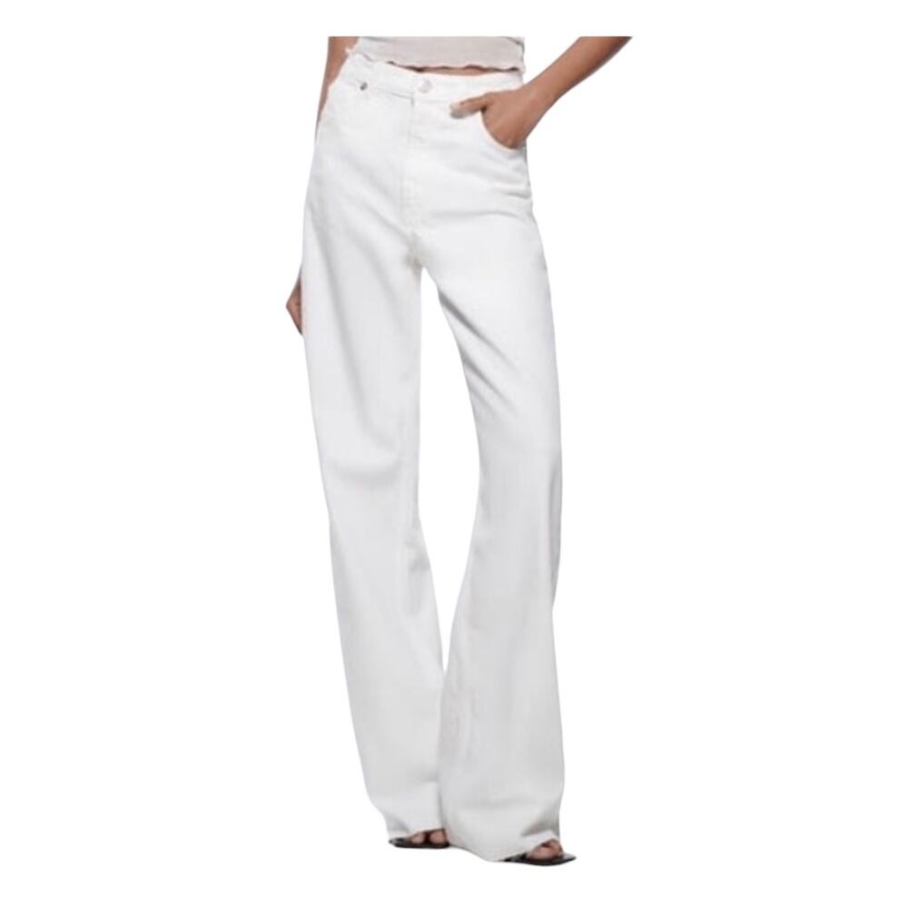 ZARA Womens Size 0 White Wide leg Jeans Mid-Rise Loose Fit Summer Raw Hem Denim
